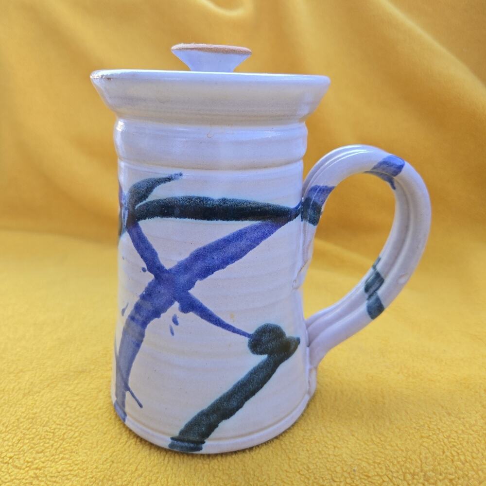 Handmade Studio Pottery Mug w/ Unique Two-Sided Lid Signed Thorpe